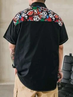 Men Panda & Slogan Graphic Dual Pocket Drop Shoulder Shirt