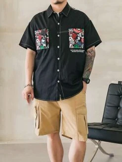 Men Panda & Slogan Graphic Dual Pocket Drop Shoulder Shirt -Man Plus Fashion 164489377220ba029f35337704fdb756950b2d2dc1 thumbnail 405x552