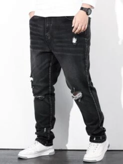 Manfinity LEGND Men Cotton Ripped Straight Leg Jeans -Man Plus Fashion 166167028291f97a439de9f72c7b182f0062093bae thumbnail 405x552