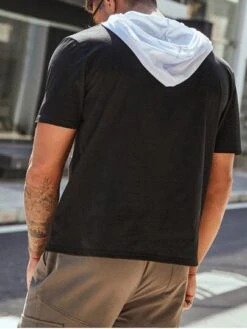 Men Letter Graphic Color Block Drawstring Hooded Tee