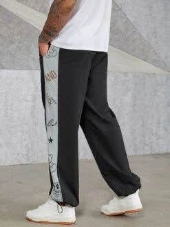 Men Letter Graphic Contrast Sideseam Drawstring Waist Pants