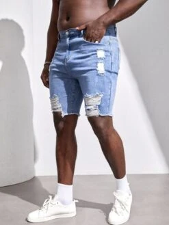 Manfinity LEGND Men Cotton Ripped Raw Cut Denim Shorts -Man Plus Fashion 167159987345217329cfc2909a1b14696667350553 thumbnail 405x552