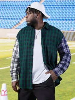 SHEIN Men Letter & Plaid Print Drop Shoulder Shirt