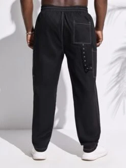 Men Top-stitching Drawstring Waist Slant Pocket Pants