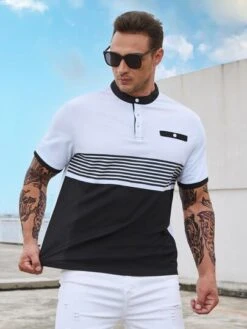 Manfinity Homme Men Striped Print Colorblock Polo Shirt -Man Plus Fashion 1679294046e2df268e376819a5ba28154cd0ce6293 thumbnail 405x552