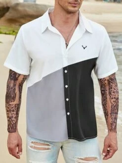 Men Colorblock Antlers Embroidery Button Up Shirt -Man Plus Fashion 168109383814ff4be69744ce34b916bd330e94fa2f thumbnail 405x552