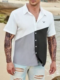 Men Colorblock Antlers Embroidery Button Up Shirt -Man Plus Fashion 1681093841e118f3de1171c67529d9de2bd1996a96 thumbnail 405x552