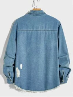 Manfinity EMRG Men Cotton Ripped Raw Cut Denim Shirt Without Tee