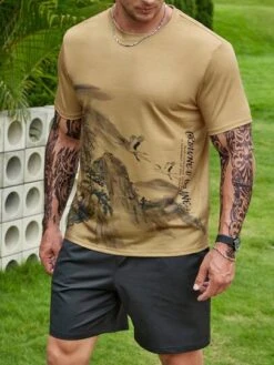 Manfinity Homme Men Mountain & Letter Graphic Tee Without Necklace -Man Plus Fashion 1683442483c7bd3abb7ec709df6f60e1b69f4e7b5d thumbnail 405x552