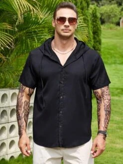 Manfinity Homme Men 1pc Drawstring Hooded Button Front Shirt -Man Plus Fashion 16834434390552f5567e3af61b4812a185bd5a100f thumbnail 405x552