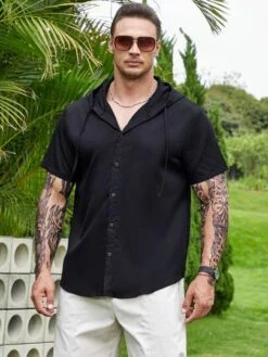 Manfinity Homme Men 1pc Drawstring Hooded Button Front Shirt -Man Plus Fashion 1683443444684266e4b37a30a076b016b8a07376d6 thumbnail 405x552