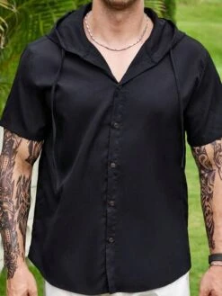 Manfinity Homme Men 1pc Drawstring Hooded Button Front Shirt -Man Plus Fashion 1683443446d79299216fa9bc4767788ca3eb9a20d8 thumbnail 405x552