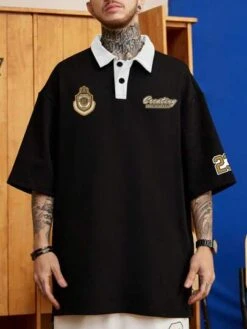 Manfinity Sporsity Men Letter Graphic Contrast Collar Drop Shoulder Polo Shirt