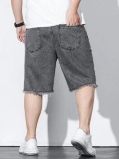 Men Plus Cotton Ripped Frayed Raw Trim Denim Shorts