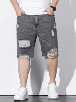 Men Plus Cotton Ripped Frayed Raw Trim Denim Shorts -Man Plus Fashion 1683681525058312ad9ee6de00e609f19f91900d32 thumbnail 405x552