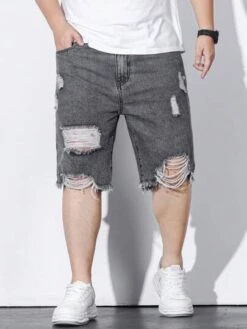 Men Plus Cotton Ripped Frayed Raw Trim Denim Shorts -Man Plus Fashion 16836815272214fe7c7b1e7aead1508361b7d8677a thumbnail 405x552