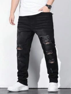 Manfinity LEGND Men Cotton Ripped Frayed Cat Scratch Straight Leg Jeans -Man Plus Fashion 1683681621994a7d45c18ce2c4368453018755eac5 thumbnail 405x552