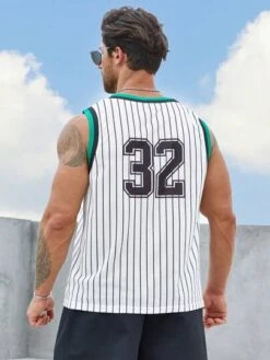 Manfinity Sporsity Men Striped & Letter Graphic Contrast Trim Basketball Jersey
