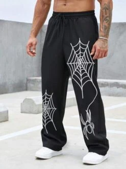 Manfinity EMRG Men Spider Web Print Drawstring Waist Straight Leg Pants -Man Plus Fashion 16837956292f854ab6fe3c24013a6c7941a4f55b6e thumbnail 405x552