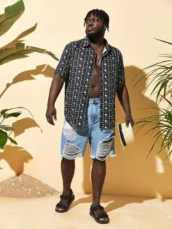 SHEIN Men Plus Cotton Ripped Raw Hem Denim Shorts -Man Plus Fashion 168411852936d1d940689cac240b1be02141df2eb4 thumbnail 405x552