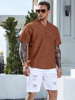 Manfinity Homme Men Solid Half Button Shirt -Man Plus Fashion 16843078970d65b6ef7687a738f3986c77131ba835 thumbnail 405x552
