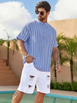 Manfinity Homme Men Striped Half Button Shirt -Man Plus Fashion 1684483214c03c8099fb9f1673d0b7f5e067a80eea thumbnail 405x552