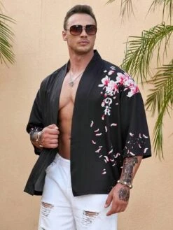 Manfinity RSRT Men Plus Floral & Japanese Letter Graphic Drop Shoulder Shirt