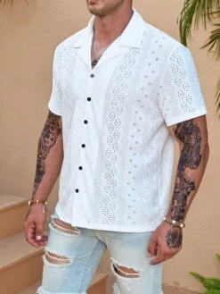 Manfinity Homme Men Eyelet Embroidery Button Up Lapel Neck Shirt -Man Plus Fashion 168594612058819951aa35d5f31ed1b28099c29fb9 thumbnail 405x552