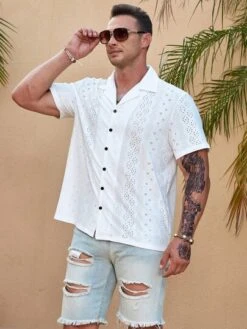 Manfinity Homme Men Eyelet Embroidery Button Up Lapel Neck Shirt -Man Plus Fashion 16859461220069b028839378775713a87810494fad thumbnail 405x552