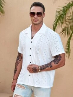 Manfinity Homme Men Eyelet Embroidery Button Up Lapel Neck Shirt -Man Plus Fashion 1685946123137767ff7d960260da238ad0eca877bd thumbnail 405x552