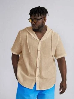 Manfinity Homme Men Plus Solid Button Front Drawstring Hooded Shirt -Man Plus Fashion 16880980028e0a747c5f6ad8b1e371d7338cd6b497 thumbnail 405x552