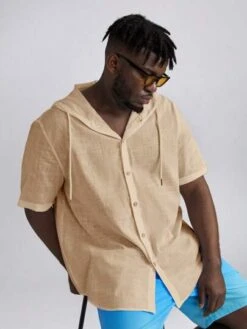 Manfinity Homme Men Plus Solid Button Front Drawstring Hooded Shirt -Man Plus Fashion 16880980062269cf63ff93f9f7f01de8d7e2ad9af2 thumbnail 405x552