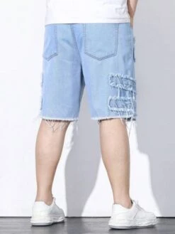 Men Plus Ripped Frayed Raw Trim Denim Shorts