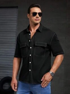 SHEIN Manfinity Hypemode Men Plus Flap Pocket Top-stitching Shirt -Man Plus Fashion 16899254602ab66ef8f55cb8d12da007f6d30468b1 thumbnail 405x552