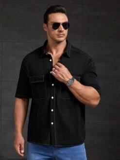 SHEIN Manfinity Hypemode Men Plus Flap Pocket Top-stitching Shirt -Man Plus Fashion 1689925464003f148bd2f6bb3d21669e63d95b5532 thumbnail 405x552