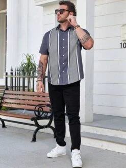 SHEIN Manfinity Homme Men Plus Striped Print Pocket Patched Shirt -Man Plus Fashion 1690084987cb45f30727772faffcf2511e027a2619 thumbnail 405x552