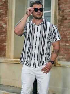 SHEIN Men Plus Striped Print Shirt -Man Plus Fashion 16910497105e4adc6330b1594251e27d7b18b6e46c thumbnail 405x552