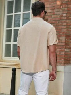 Extended Sizes Men Plus Roll Tab Sleeve Pocket Patched Shirt