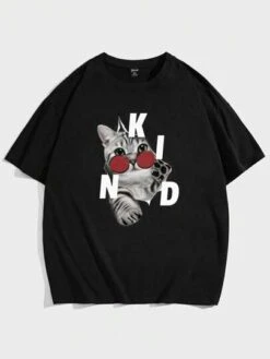 SHEIN Men Plus Cat & Letter Graphic Drop Shoulder Tee