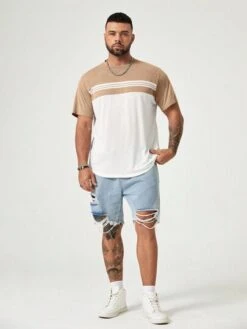 Manfinity Homme Men Plus Colorblock Striped Print Tee -Man Plus Fashion 16917203527755f1b3bfc1645286afa3d9699bbf90 thumbnail 405x552